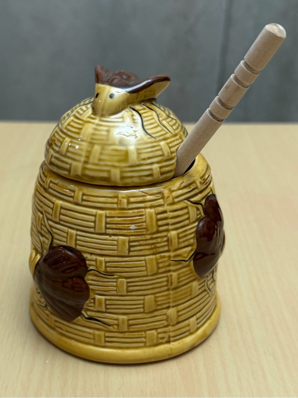 Ceramic Honey Pot with Wooden Dipper - Yellow